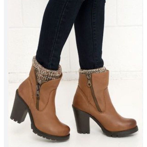 Steve Madden Cognac Knit Cuff Leather Boots Side Zip Stacked Heel Womens 8.5M - Picture 14 of 15